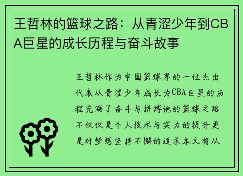 王哲林的篮球之路：从青涩少年到CBA巨星的成长历程与奋斗故事
