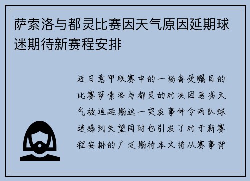 萨索洛与都灵比赛因天气原因延期球迷期待新赛程安排